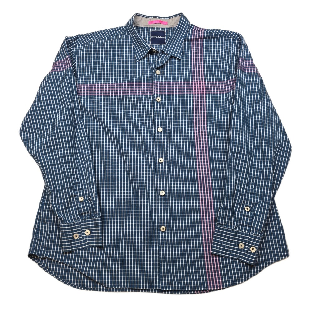 Tommy Bahama Plaid Check Shirt Mens 2XL Blue Red Stripe Button Down